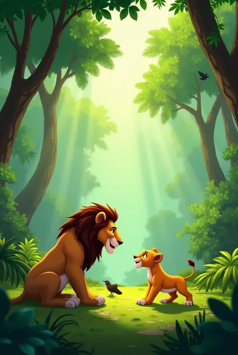 "A vibrant green jungle with tall trees and thick foliage. A small lion cub, golden with innocent eyes, is playing happily next to a larger lioness (its mother). The atmosphere is peaceful, with birds flying in the sky and sunlight filtering through the le...