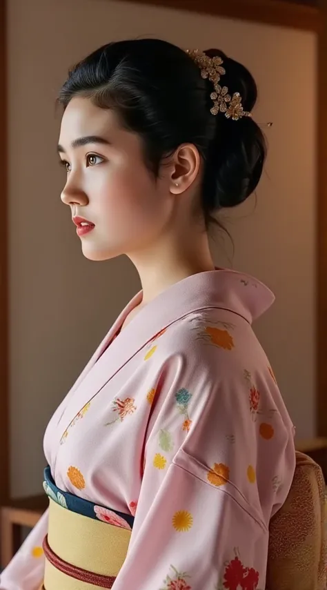 From the side, her beautiful profile, Lovely beautiful girl、Jennifer Connelly at age 15、cute face, cute smile, no make up, stature　165 cm、large breasts, well-proportioned figure、The figure of the hourglass、in a yukata with the front open、she wear no linger...