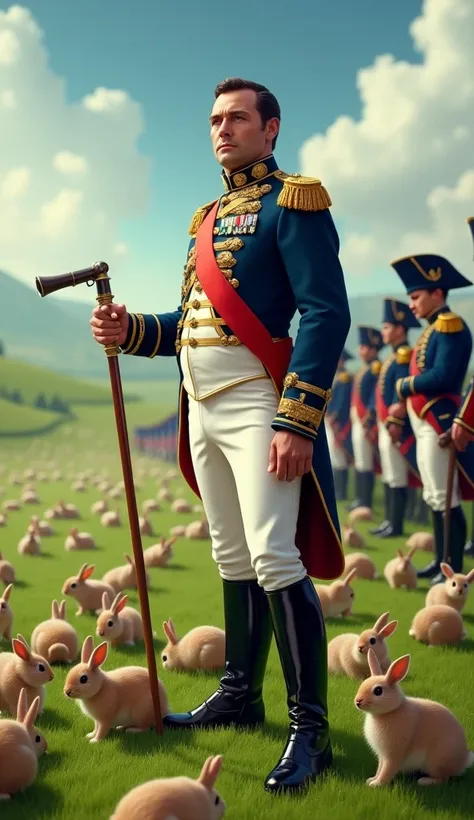 Napoleon Bonaparte, a 38-year-old man with a sharp, confident face and blue eyes, wearing a navy-blue military coat decorated with gold epaulettes, white trousers and shiny black boots, stands in a field of green grass.   He is surveying the scene with a t...