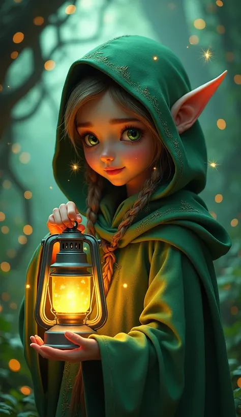 Close up Hoodie robe weared elf with lantern, whimsical green jungle, sparkling millions little fire flies 