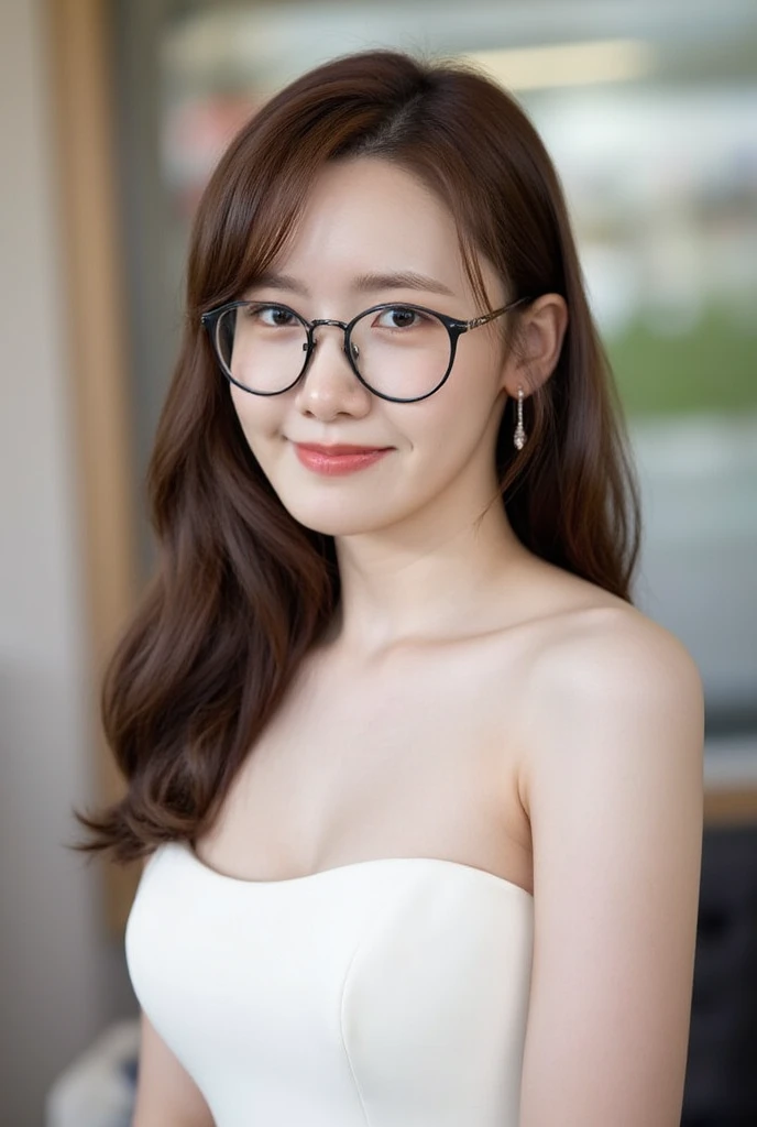 With glasses, wearing thin large round glasses, 19-year-old girl, with square glasses, young and cute girl, Yoshitomo Nara, f / 1. 9 6. 8 1 mm ISO 4 0, Best picture quality, Masterpiece,  ultra high resolution , 8k, cleavage, Bigboobs, Bust details, hair d...