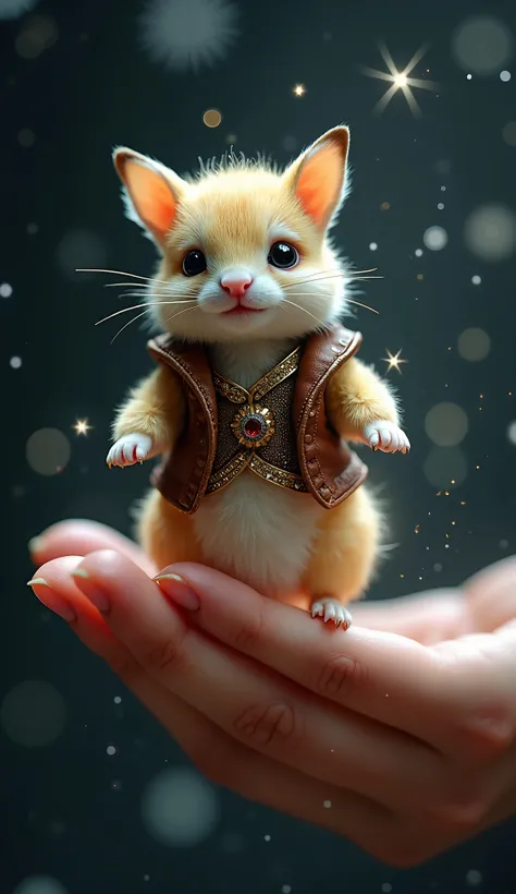 5. "A miniature animal with soft, glowing feathers and a mischievous expression sits atop the tips of a human hands fingers. Its tiny attire, a finely crafted leather vest and jeweled belt, sparkles with magical energy. The hand, slender and graceful, rest...