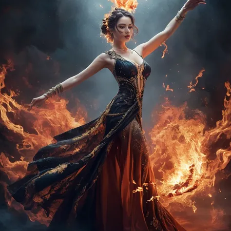 woman in dress dancing with fire in the air,  Flame surrounds her ,  Beautiful digital artwork , dress of fire, , engulfed in flame ,  fire goddess , gracefully dancing,  gorgeous digital art , fire dress , beautiful fantastic art , woman of black flame,  ...