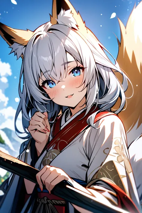 greate quality,high quality,masterpiece,1 girl,white hair,blue eyes,fox ears,nine fox tale