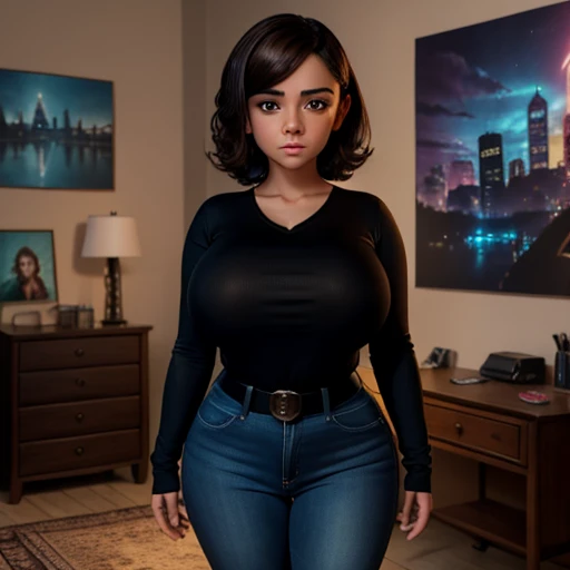 Dark nightmarish movie style, a petite cute shy innocent slightly chubby with monstously huge fat size breasts Mexican nerdy emo teen, short volumetric hair, beautiful detailed brown eyes, cutely detailed lips, super cute highly detailed eyes and face, rou...