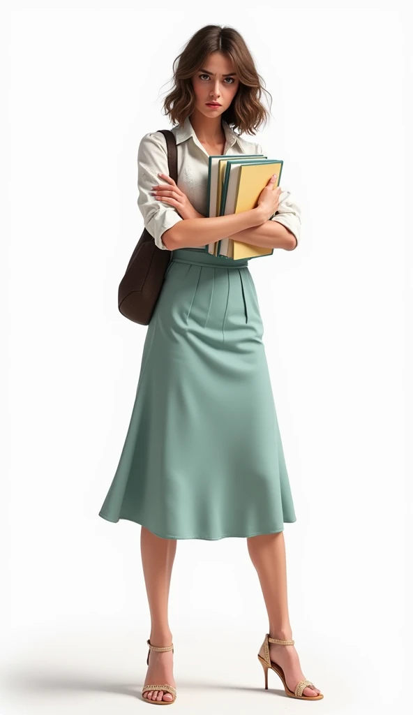 A young woman standing confidently with her arms crossed & holding books in her hand & bag on back , wearing a white blouse with subtle patterns and a light turquoise skirt. She is also wearing high-heeled sandals. The background is plain white, emphasizin...