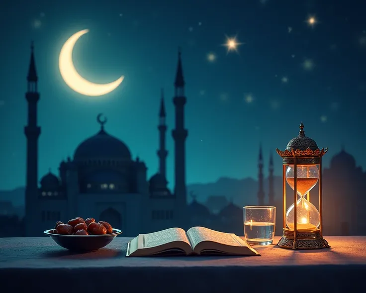 A serene Ramadan fasting scene depicted symbolically: a glowing crescent moon and stars in the night sky, with an hourglass filled with sand to represent the passage of fasting hours. In the foreground, a table with a bowl of dates and a glass of water sit...