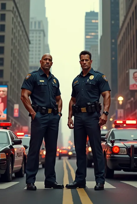 Generate a picture of Dwayne and Arnold as police officers