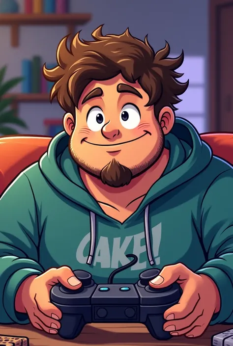 A cartoon of a chubby brown hair guy with a goatee wearing a hoodie playing video games