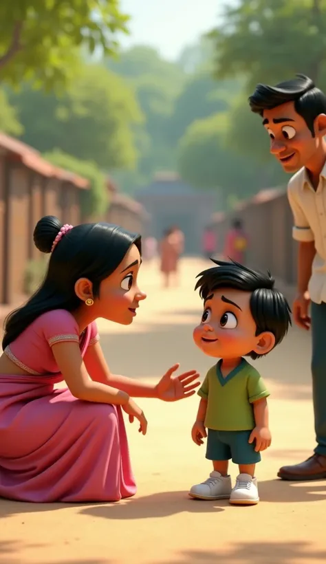 A warm 3D Disney-Pixar-style moment of Pandu’s mother, a woman in her early 30s with long black hair tied in a neat bun, is dressed in a pink saree with a white border,crouching slightly to his level, her hand resting on his shoulder as she talks gently to...