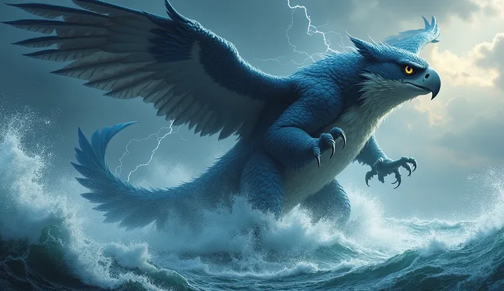 "A monstrous hybrid creature formed from the features of a shark and a falcon, embodying the victorious combatant. It has the sleek, powerful body of a shark with sharp fins and a terrifying tail, combined with the falcons majestic wings, talons, and fierc...