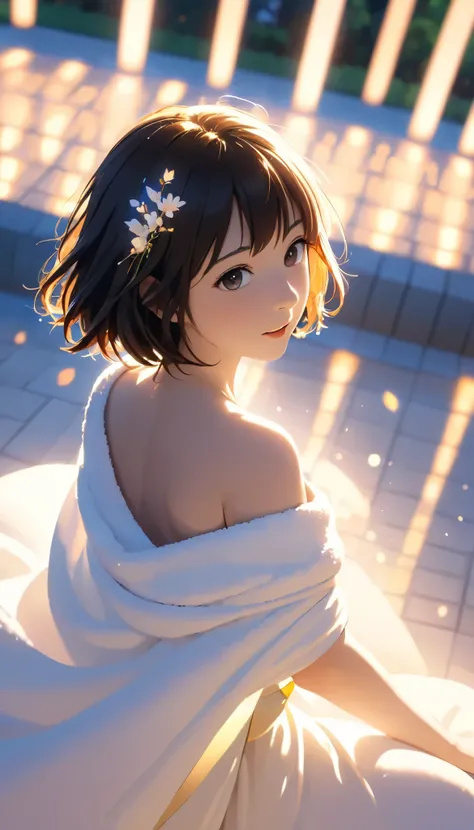 masterpiece,  high res,  illustration,  Kyoto animation style, movie style: your name,   knight , mid  knight , Gentle Light, Fascinating Light, (1 female: 1.3), (Alone: 1.4),  has long eyelashes,  short bob, nose_, open_mouth, futon,  nudes,  nudes, towel...