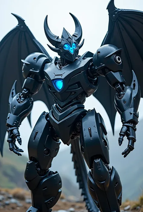 The dragon robot has a large appearance of about 40 meters, has a black body, blue eyes with a punch, and the body is iron, like a dummy robot, it has relatively beautiful wings, it has black blue color, the dragon robot, the energy core in the center is b...