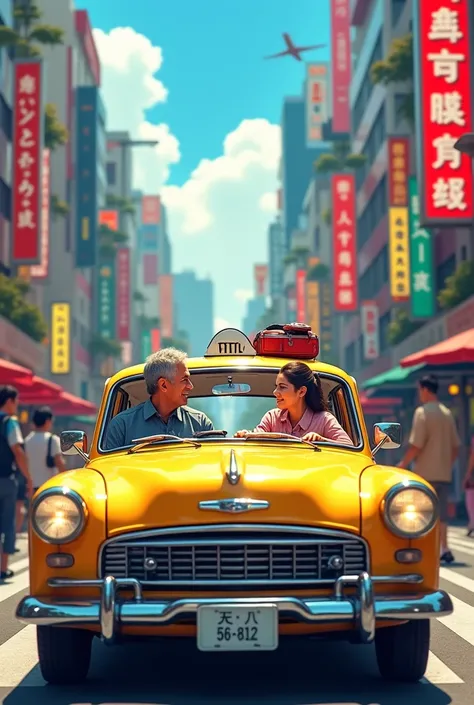 Create a picture of a Japanese taxi driver with Brazilian tourist as his passenger