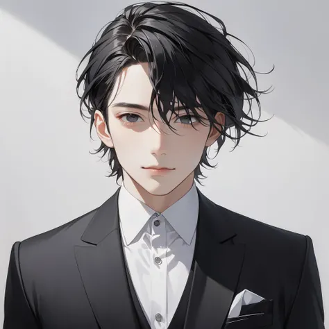 1 man,  with short black hair , black eyes, Suit,  pale smile , frontal, bust, White background, youth, Good looking