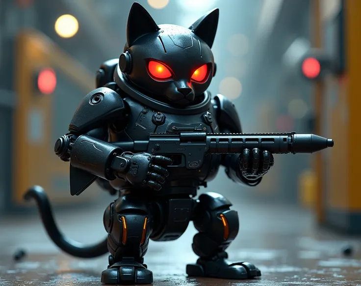 Robotic black cat, humanoid, glow, red eyes, military uniform, submachine gun, futuristic style, high detail, ultra quality, 8K