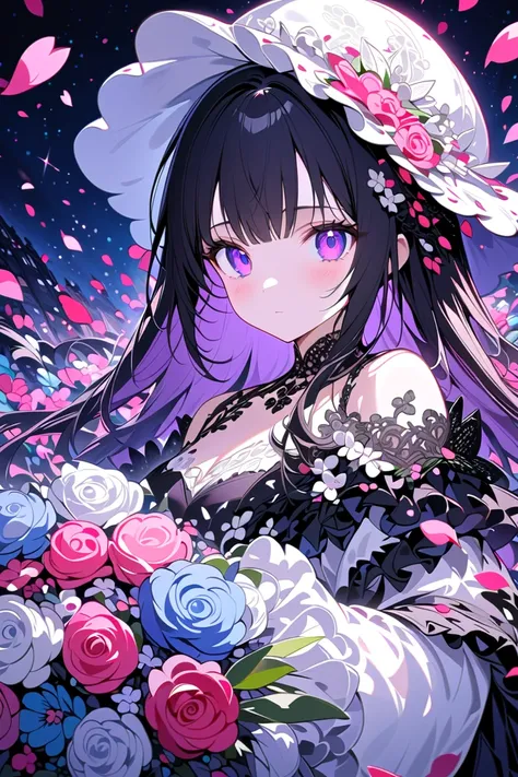 1 Girl,, face invisible ,Black Gothic White Dress ,White Hat,White Bouquet,(holding White Bouquet), permanent,forward,( black petals flying in groups),Petal rain,many petals , countless petals ,Floating Petals ,Decorative Art,color pastoral painting , Roco...