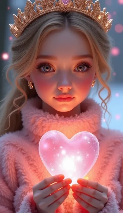 A spiritual princess of love, holding a magical heart-shaped crystal. She is a charming, adorable, and divine young woman in her 20s with a princess-like aura. The image features pink and gold tones, showing her facing forward in a bust shot. Her expressio...