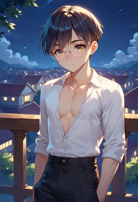 A 20-yr young man, thin, slim, cute, black wolfcut hairstyle, round glasses, The white shirt was unbuttoned and wrinkled. Leaning on the balcony of the dormitory at night.