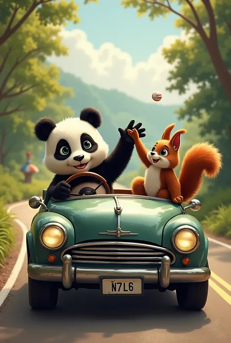 A squirrel and a panda traveling in a car .  The panda drives and the squirrel shows him something out the window 