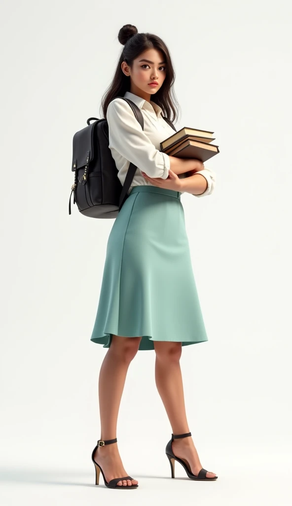 create a realistic young woman standing confidently with her arms crossed & holding books in her hand & bag on back , wearing a white blouse with subtle patterns and a light turquoise skirt. She is also wearing high-heeled sandals. The background is plain ...