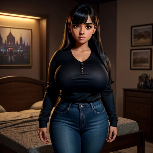 Dark nightmarish movie style, a petite cute shy innocent slightly chubby with monstously huge fat size breasts Mexican nerdy emo teen, short volumetric hair, beautiful detailed brown eyes, cutely detailed lips, super cute highly detailed eyes and face, rou...