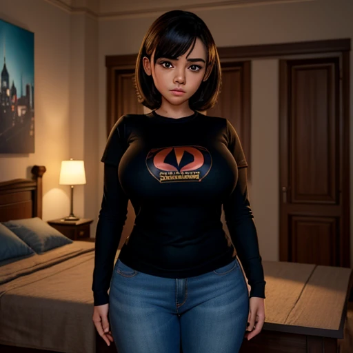 Dark nightmarish movie style, a petite cute shy innocent slightly chubby with monstously huge fat size breasts Mexican nerdy emo teen, short volumetric hair, beautiful detailed brown eyes, cutely detailed lips, super cute highly detailed eyes and face, rou...