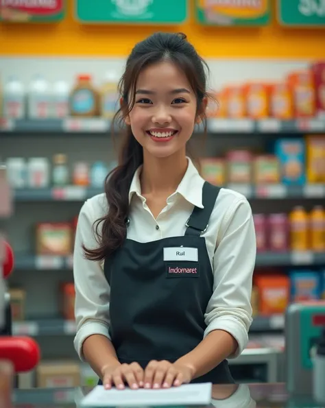 Woman in photo using Indomaret cashiers outfit