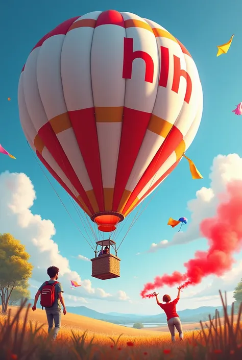  White and red hot air balloon with Name "HLH ", with two people with flag and red flare 