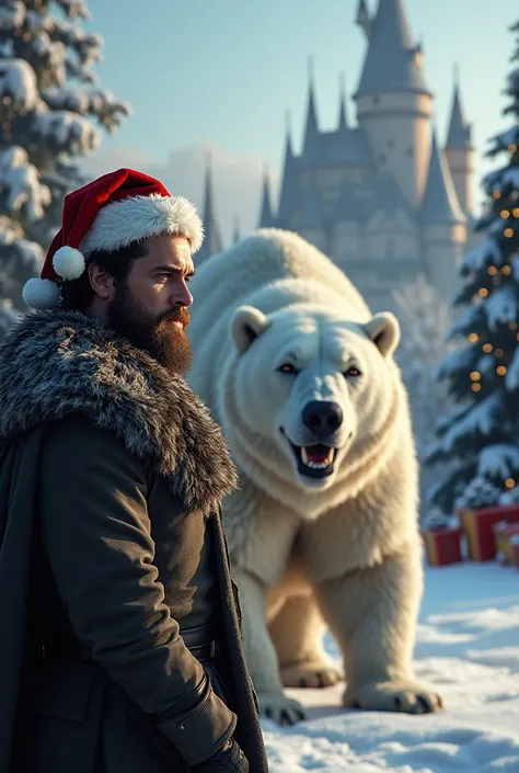 1st person: Lord Aragorn from The Lord of the Rings, beard, facial hair, crown on his head, 2nd person: powerful, large white bear showing his teeth, with a Santa hat on his head, 2nd person: Jon Snow, castle, snow in the background, festive Christmas tree...