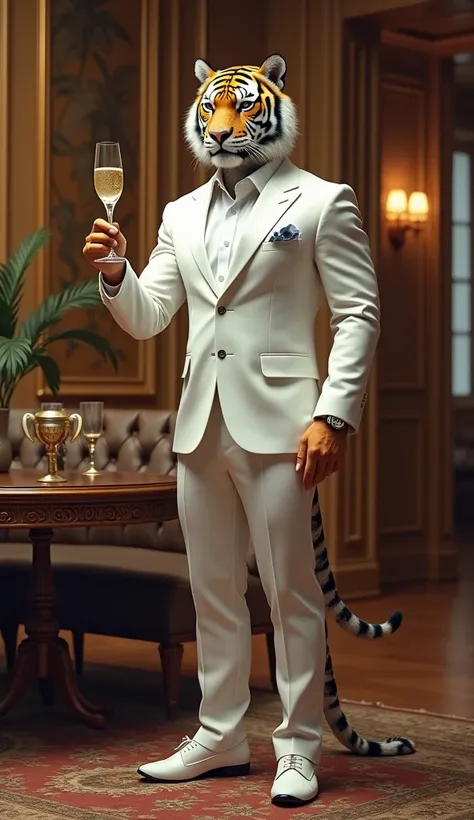  create a tiger with the body of a person dressed in a white suit in a luxurious living room with a bottle of champagne in one hand and in the other a glass raising it upwards ,Dont put a tail on it  ,