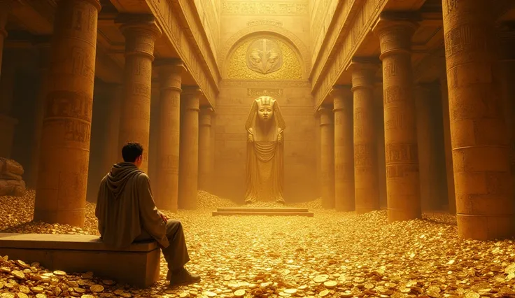  on a stone bench inside a huge treasure room inside the pyramid，A treasure trove of gold coins ，There are also scattered scattered small pieces of gold on the ground, and no one is Surrealism, futurism, 8k, UHD, masterpiece, accurate, super detail, high d...