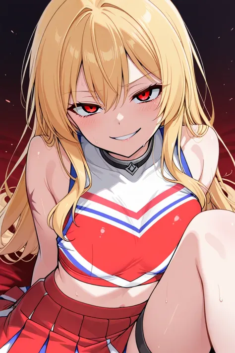 Blonde cheerleader with red and white clothing, crimson eyes, tactical accesories, and evil smile