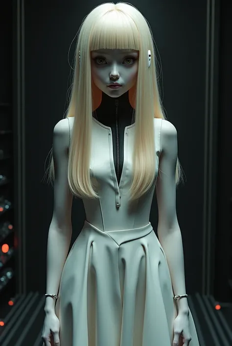 " Create an image of a juvenile-looking android, with straight and long blond hair , dressed in an elegant dress,  of white color with details in black .  Your face should have an expressionless expression , disturbing cases, with big dark eyes.  The atmos...