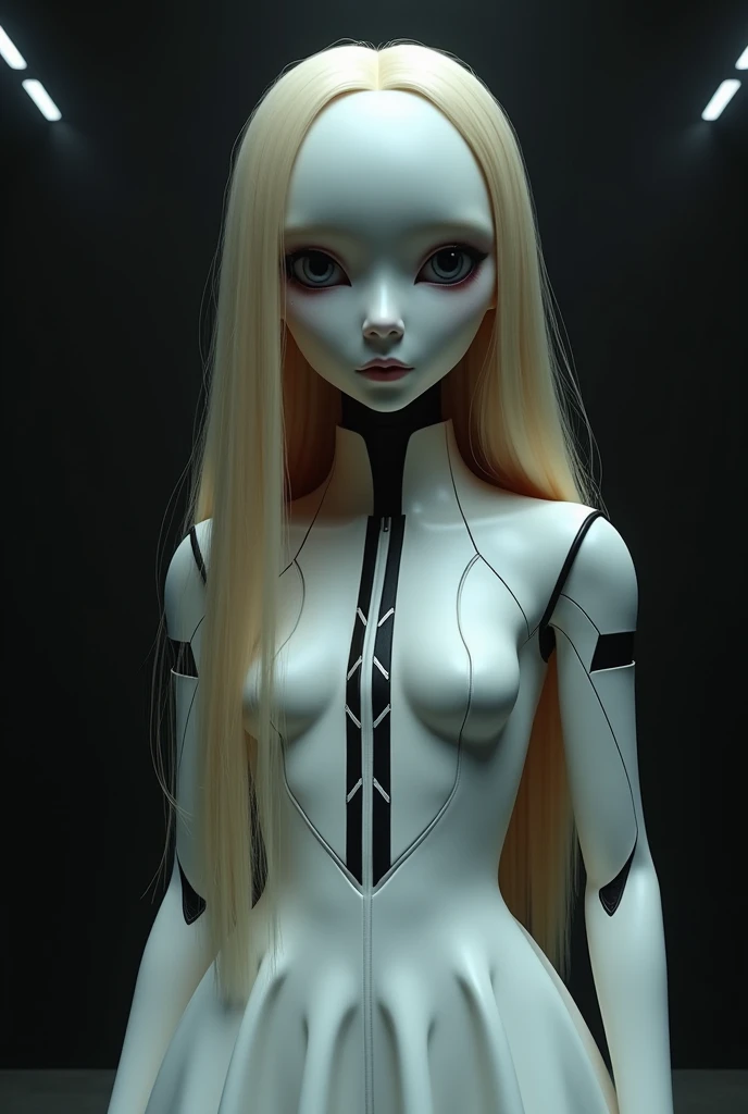 " Create an image of a juvenile-looking android, with straight and long blond hair , dressed in an elegant dress,  of white color with details in black .  Your face should have an expressionless expression , disturbing cases, with big dark eyes.  The atmos...