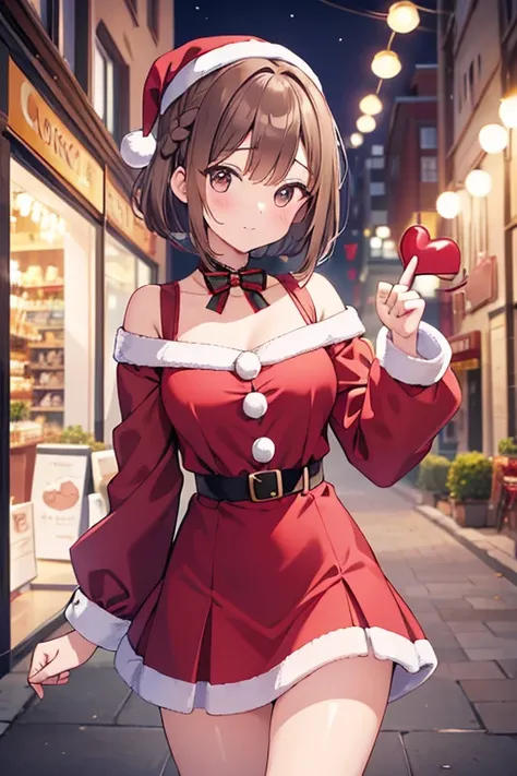 A 16-year-old girl dressed as a Santa Claus in a miniskirt、Im poking at a heart balloon with my finger、Hair style: bob、Hair tucked behind both ears、Hair braided on one side、 hair color ash brown 、A shopping street background with a Christmas atmosphere、A l...