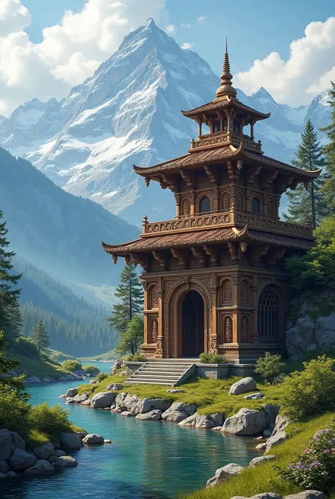  Kathkuni  hindu Wooden temple with carving on door window and all over temple and snow peaks mountain and river and alpine trees and green grass