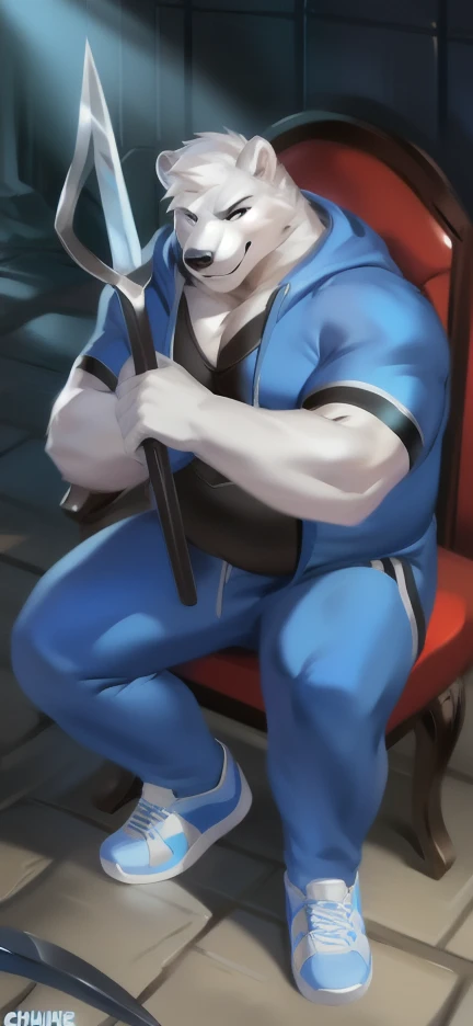 Solo, male Tall​ ,huge​ body​,​ Chair Ride ,underworld,Holding a sickle as a weapon to represent the Grim Reapers, polar bear​,ice blue Tracksuit soldier , Wear combat shoes, overweight, muscular, Smirking​ , by chunie