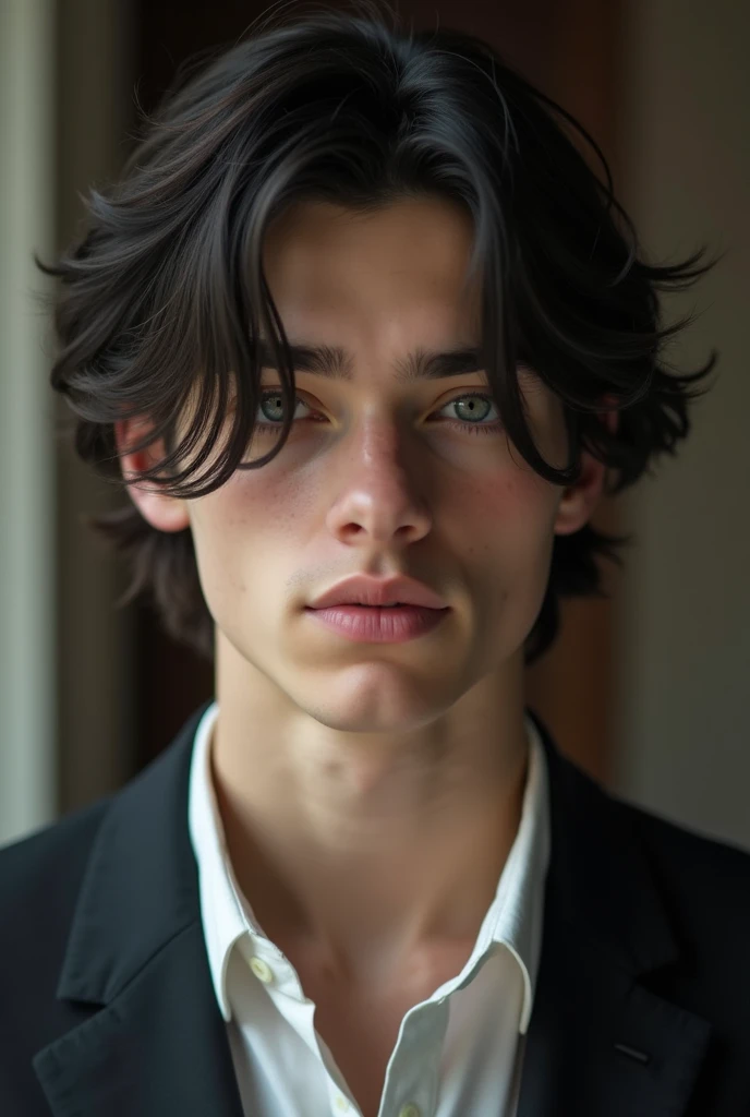 A tall, very good-looking 16-year-old British white boy whose dark straight hair fell into his eyes with a sort of casual elegance 
looks rather haughty and bored
Is carelessly handsome and has slightly arrogant face 
Has pearl grey eyes 
Has great good lo...