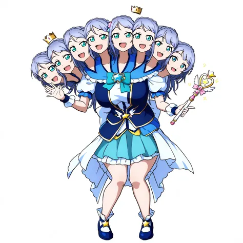 (masterpiece, best quality), (detailed), best resolution, 16k, full body, (conjoined, two heads, three heads:1.3), (blue magical girl), (tall body, big body), symmetrical, magical girl outfit, crown braid, ribbon on chest, frilly khaki skirt, a frilly butt...