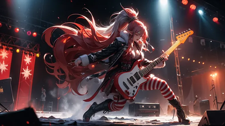 Reimagine Santa Claus as a fierce and stylish female heavy metal rockstar. She has long, wild crimson hair with streaks of silver, wearing a black leather jacket with spikes and chains, paired with red and white striped pants and knee-high combat boots. He...