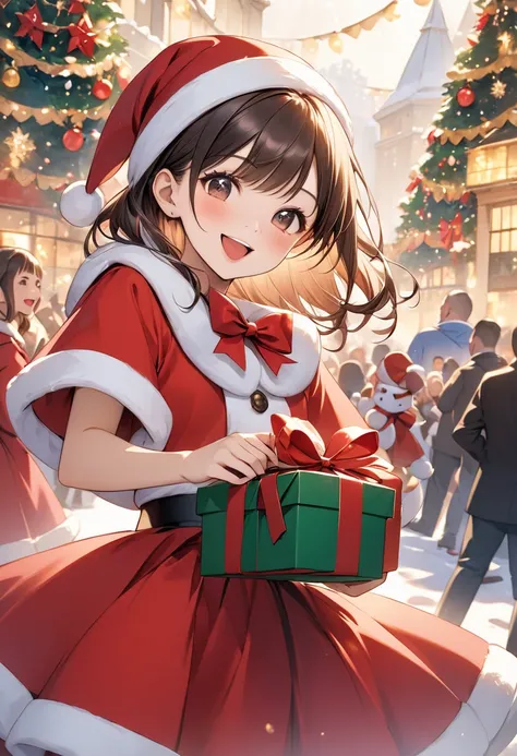 Background of a Christmas party bustling with many people, a woman smiling with her mouth open in Santa Claus fashion, holding a gift with a ribbon attached,