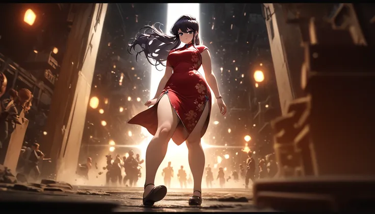 Cheongsam girl，Komi Shouko， long hair，pure white background，depth of field，low angle view，calf level view，Overclocked renderer，movie lighting，Ultra-fine，super detailed，complicated，cinematic perspective，CG art，ssbbw