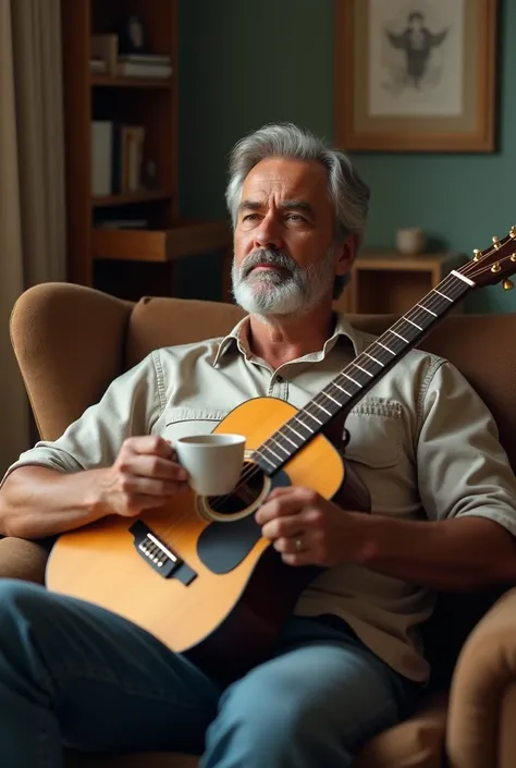 Man holding coffee and guitar