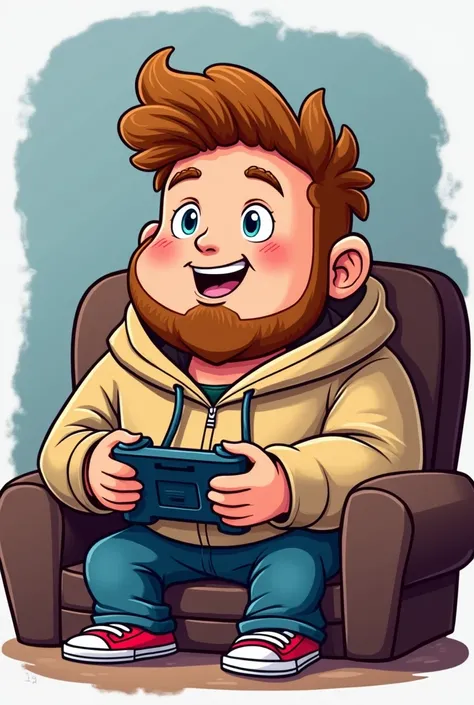 A cartoon logo of a chubby light brown hair guy with a goatee and stubble wearing a hoodie playing video games