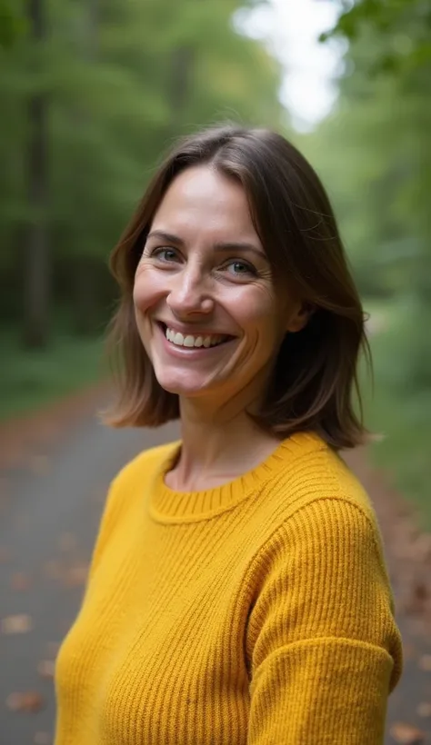 A 36-year-old woman with shoulder-length hair, wearing a yellow sweater, standing near a forest path.