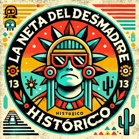 "Design a circular logo for La Neta del Desmadre, with a humorous and bold Mexican-inspired theme. The center features a fun caricature of a historical Aztec warrior wearing sunglasses, exuding a modern and cheeky vibe. Surrounding the character, include v...