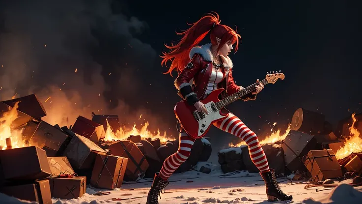 Reimagine Santa Claus as a fierce and stylish female heavy metal rockstar. She has long, wild crimson hair with streaks of silver, wearing a black leather jacket with spikes and chains, paired with red and white striped pants and knee-high combat boots. He...