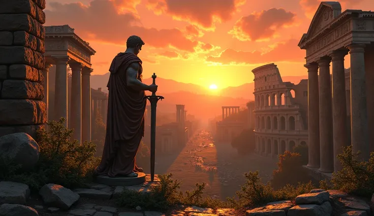 "Create a symbolic and dramatic representation of the fall of the Roman Empire. Show a once-grand Roman cityscape with iconic structures like the Colosseum and aqueducts in partial ruin. The foreground features a crumbled Roman statue with a broken sword r...