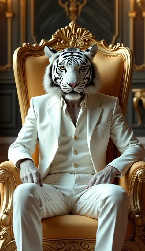  create a tiger with the body of a person dressed in a white suit in a luxurious living room sitting in a gold and white throne chair, ,Dont put a tail on it  , With my hand on my chin as if thinking